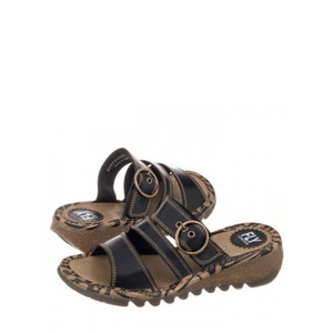 FLY London Thea Bridle‎ Black Buckle Sandals Mules